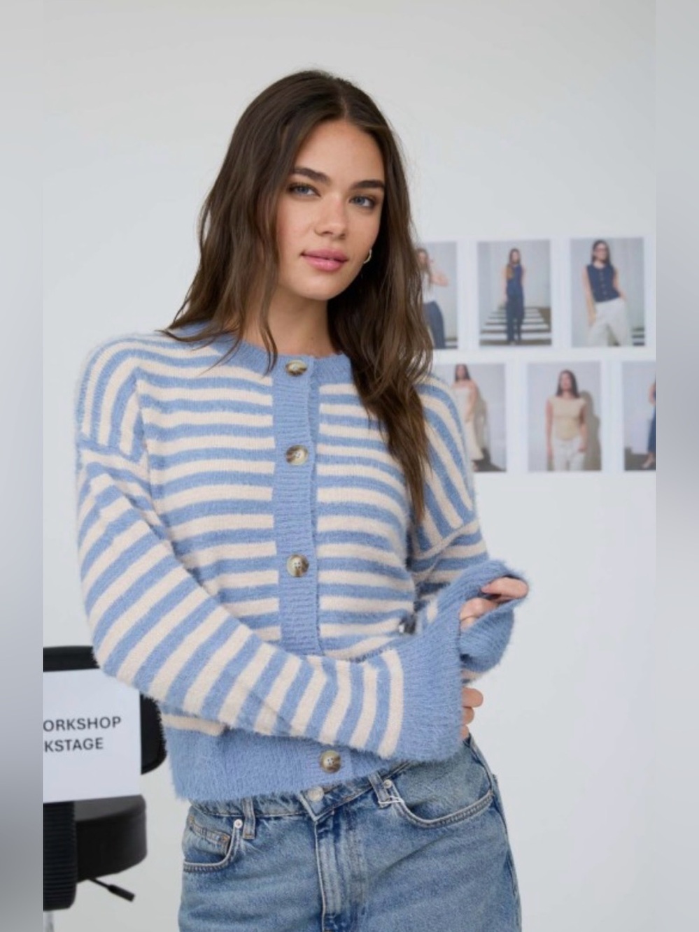 Striped Fuzzy Blue and Cream Button-Up Cardigan